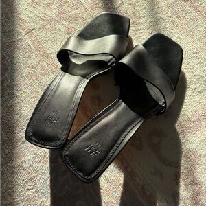 Black heeled faux Leather Slide Sandals